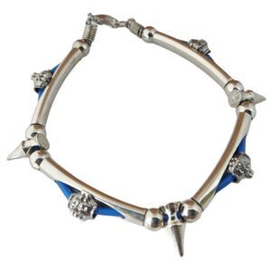B447 Silvertone Unisex Industrial Spiked Bracelet w/Blue Cording